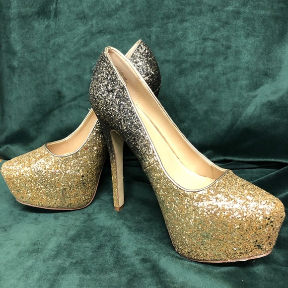 Just Fab Gold and Black Sparkling Heels 9 - Picture 2 of 6